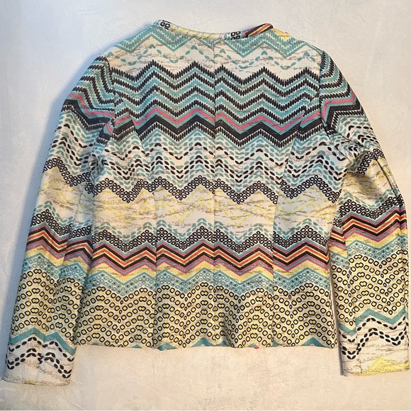 Molly Bracken Womens Blazer Jacket L Yellow Blue Chevron Print Metallic Zip NWT - Picture 4 of 10